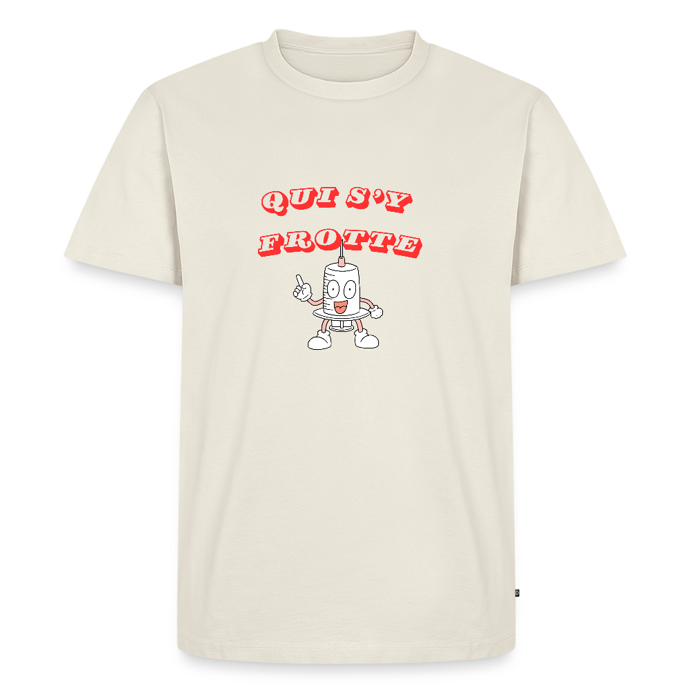 Men’s Premium T-Shirt/humour seringue "QUI S'Y FROTTE", style fun et piquant. - off white